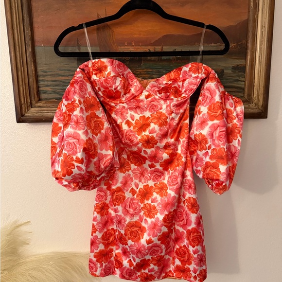 Oh Polly Pink and Orange Floral Puff Sleeve Mini Dress - Picture 3 of 5